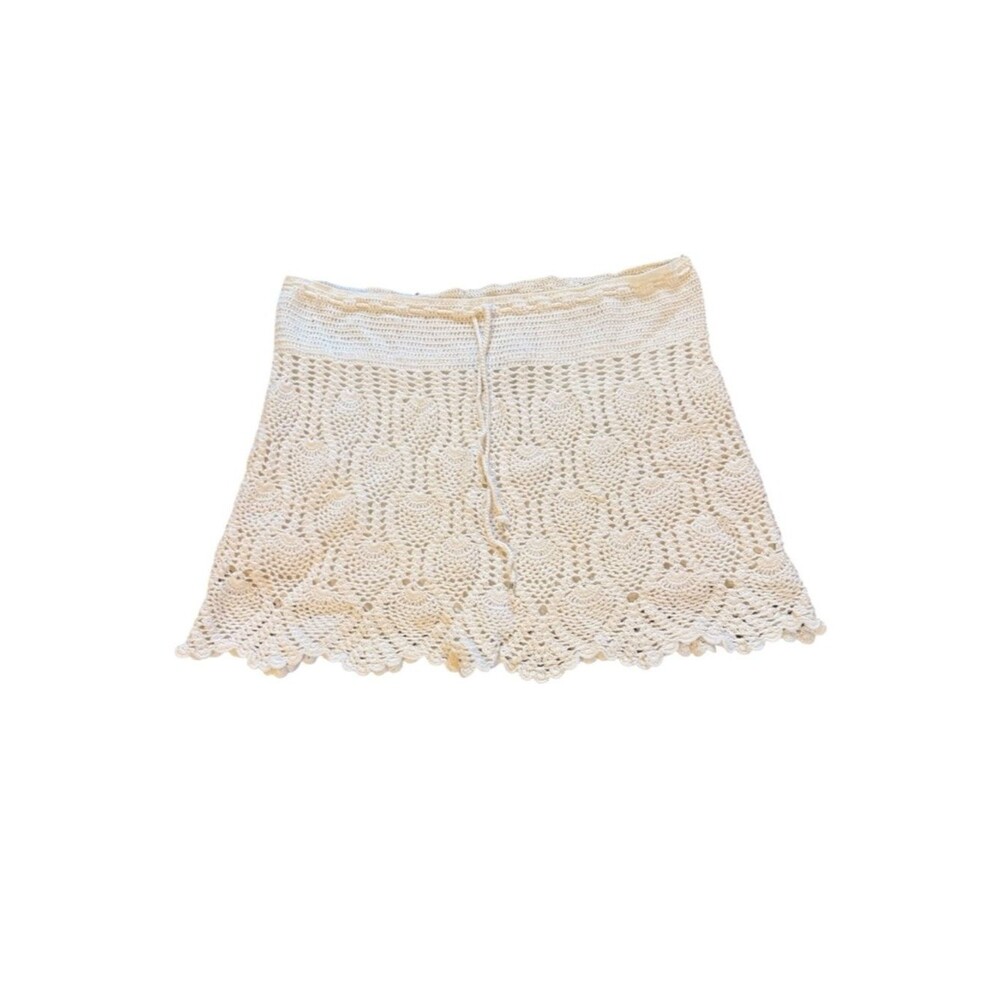 Gretchen Scott Hand Crochet Cream Mini Skirt Cotton Drawstring Waist Women Large